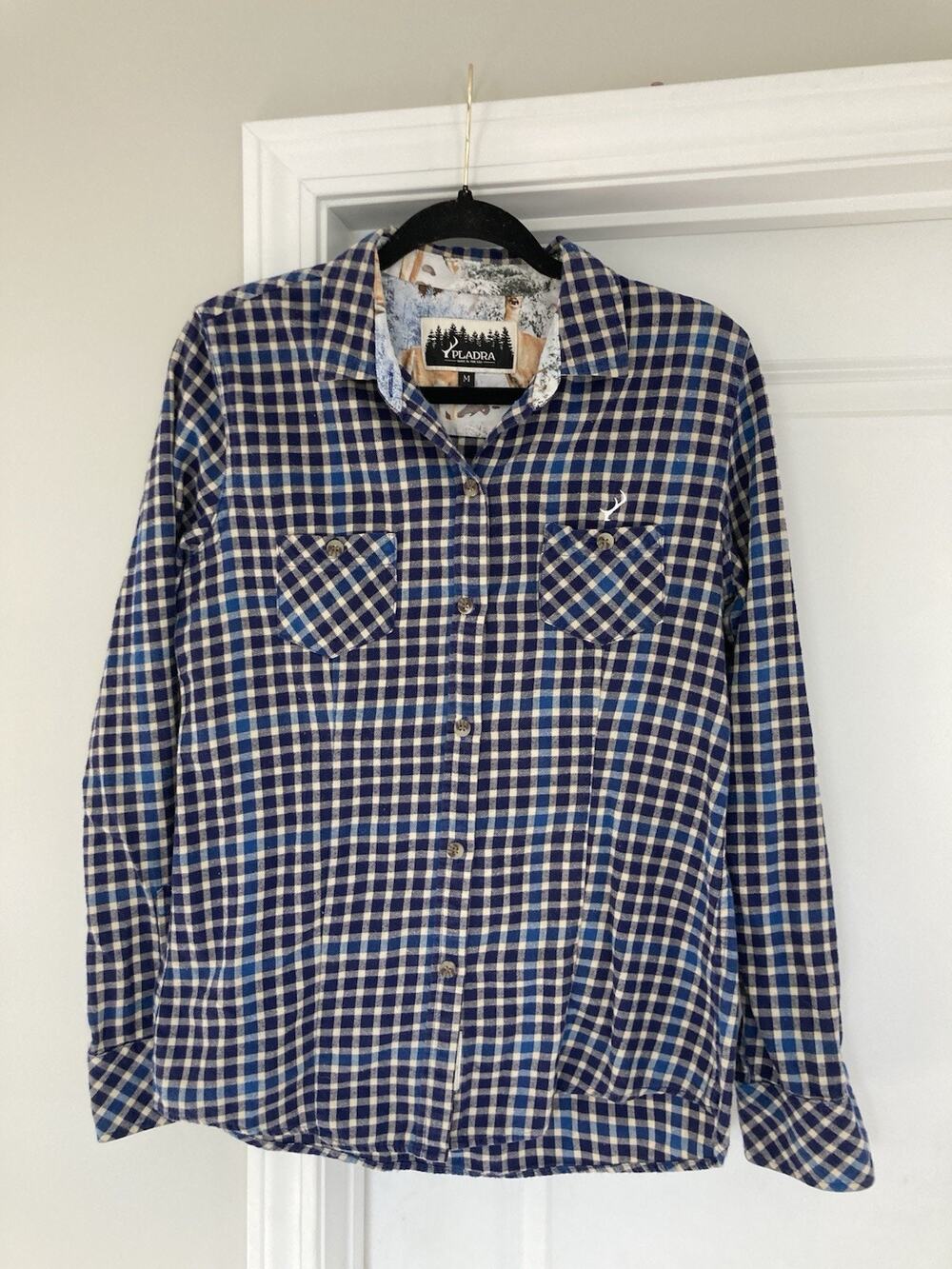 Pladra Flannel Shirt Women Medium Blue Plaid USA Outdoor Casual Deer Cuffs